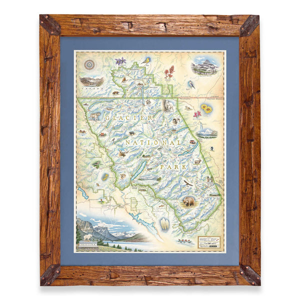 Montana's Glacier National Park map is framed in Montana hand-scraped pine wood with blue mat.