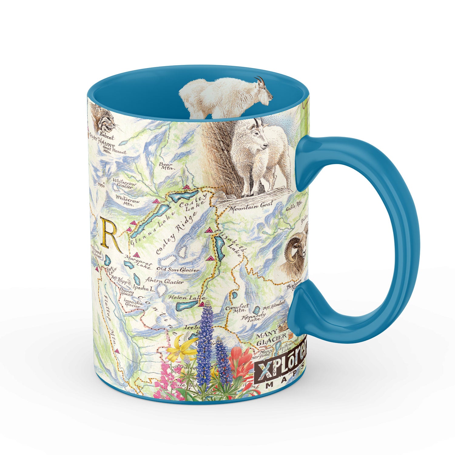 Montana's Glacier National Park Ceramic Coffee Mug featuring mountains, Goats, flowers, and more! Blue - 16 oz.