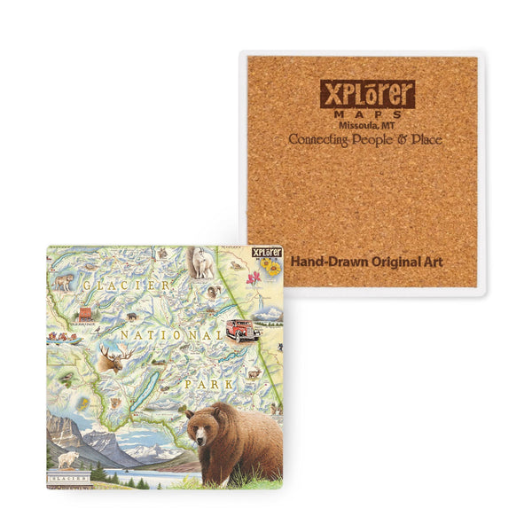 4" x 4" Glacier National Park Map Ceramic Coasters - Xplorer Maps. Features places in the park such as Logan Pass, Lake McDonald Lodge, Many Glacier Lodge, Two Medicine, Glacier Park Lodge, and the Going-to-the-sun Road. Flora and fauna include grizzly bears, elk, moose, mountain goats, and mountain lions.