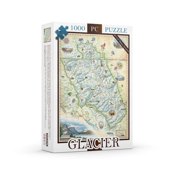 Glacier National Park map 1000-piece jigsaw puzzle. The map features places in the park such as Logan Pass, Lake McDonald Lodge, Many Glacier Lodge, Two Medicine, Glacier Park Lodge, and the Going-to-the-sun Road. Flora and fauna include grizzly bears, elk, moose, mountain goats, and mountain lions.