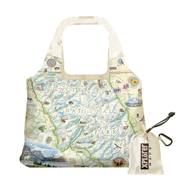 Glacier National Park Map Pouch Tote Bags by Xplorer Maps. Features places in the park such as Logan Pass, Lake McDonald Lodge, Many Glacier Lodge, Two Medicine, Glacier Park Lodge, and the Going-to-the-sun Road. Flora and fauna include grizzly bears, elk, moose, mountain goats, and mountain lions.
