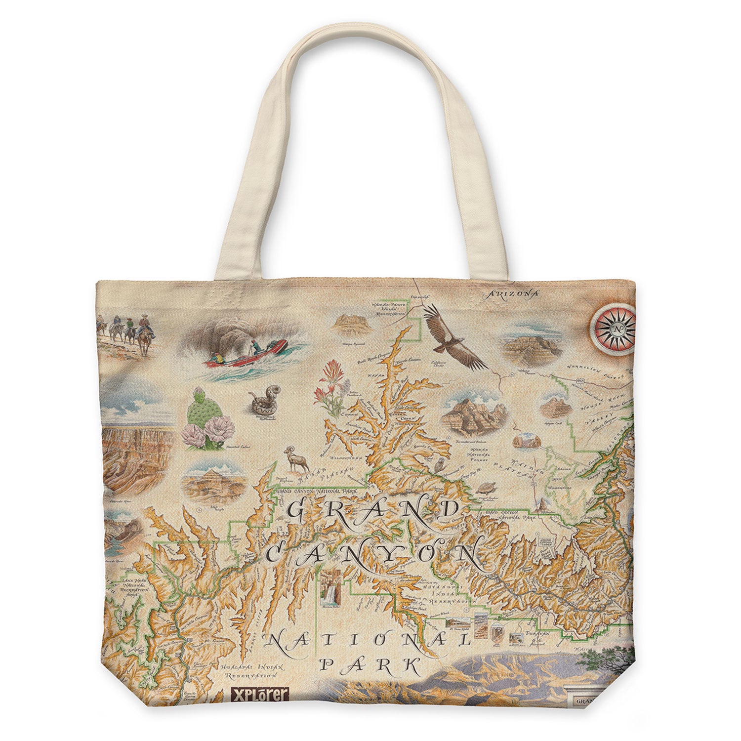 Grand Canyon National Park Tote Bags by Xplorer Maps. Features illustrations of activities like whitewater rafting and mule riding, along tortoise, California Condor, and Beavertail Cactus.