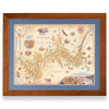 Grand Canyon National Park framed hand-drawn map. The print is framed in  Montana's Flathead Lake Larch with a blue mat. 
