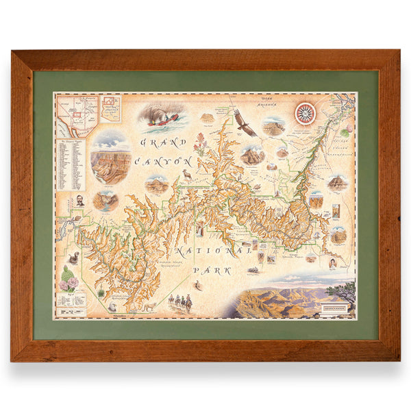 Grand Canyon National Park framed hand-drawn map. The print is framed in  Montana's Flathead Lake Larch with a green mat. 