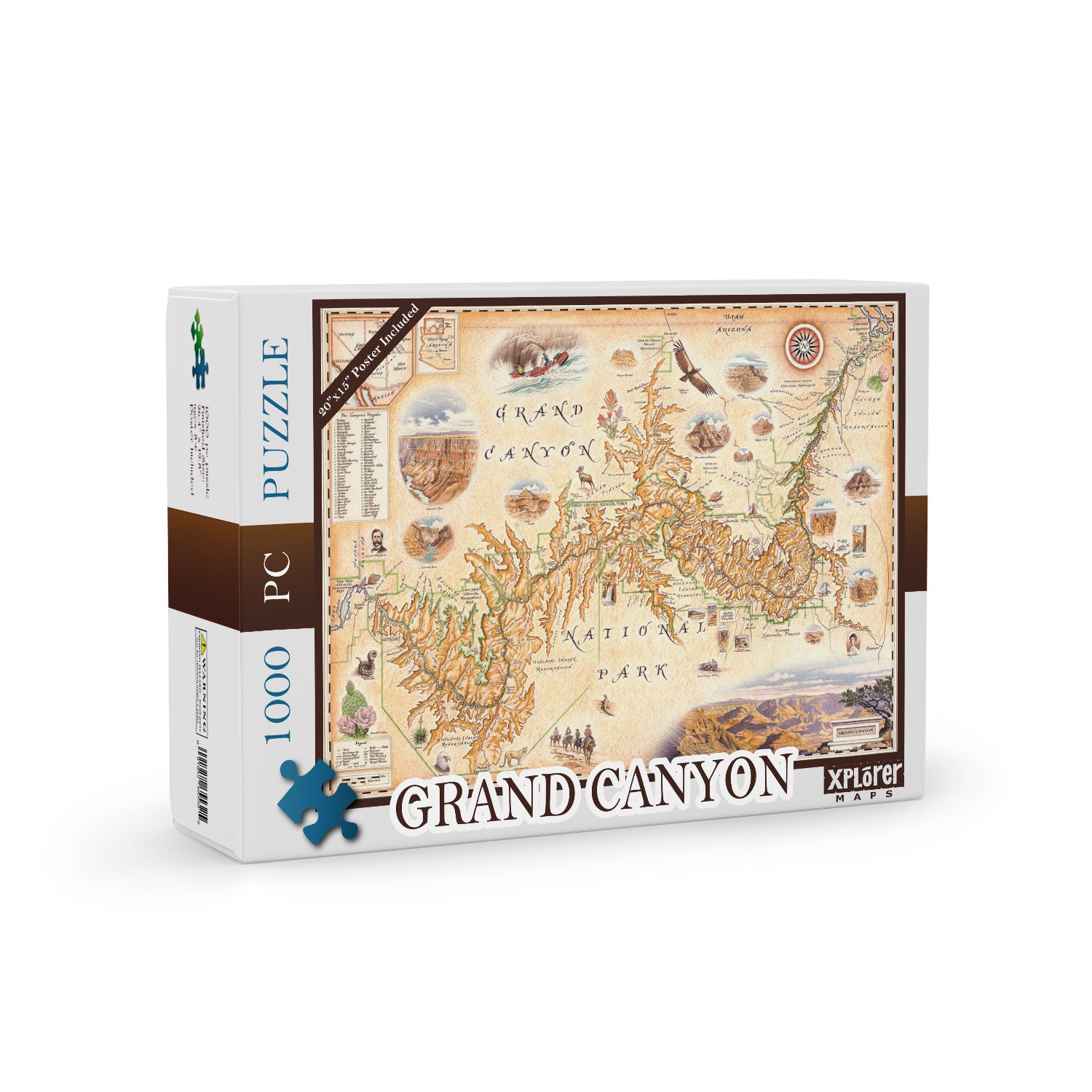 Grand Canyon National Park map 1000-piece puzzle. The map features illustrations of activities like whitewater rafting and mule riding, along tortoise, California Condor, and Beavertail Cactus.