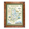 Grand Teton National Park hand-drawn map in earth tones blues and greens. The map print is framed in Montana hand-scraped pine with a green mat.