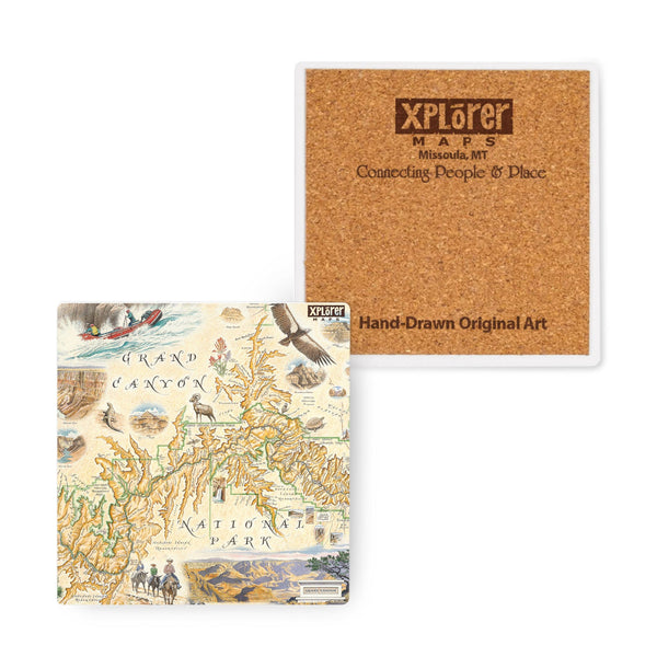  4" x 4" Grand Canyon National Park Map Ceramic Coasters by Xplorer Maps. Features illustrations of activities like whitewater rafting and mule riding, along tortoise, California Condor, and Beavertail Cactus.