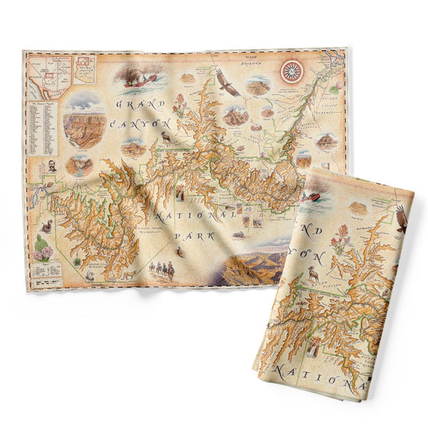 Grand Canyon National Park Kitchen Dishwashing Towel in earth tones of beige, brown, and orange. Located in Arizona, just south of Utah and east Nevada. Features illustrations of activities like whitewater rafting and mule riding, along tortoise, California Condor, and Beavertail Cactus.