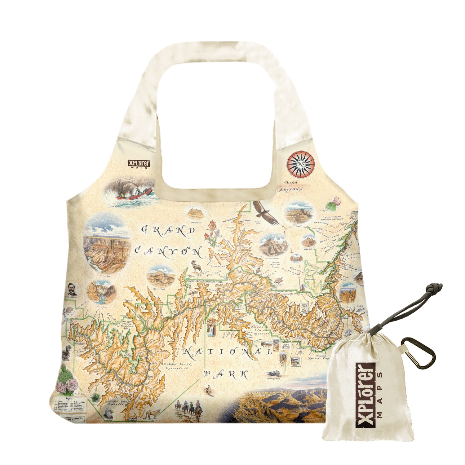 Arizona's Grand Canyon National Park Pouch Tote Bags by Xplorer Maps. Features illustrations of activities like whitewater rafting and mule riding, along tortoise, California Condor, and Beavertail Cactus.