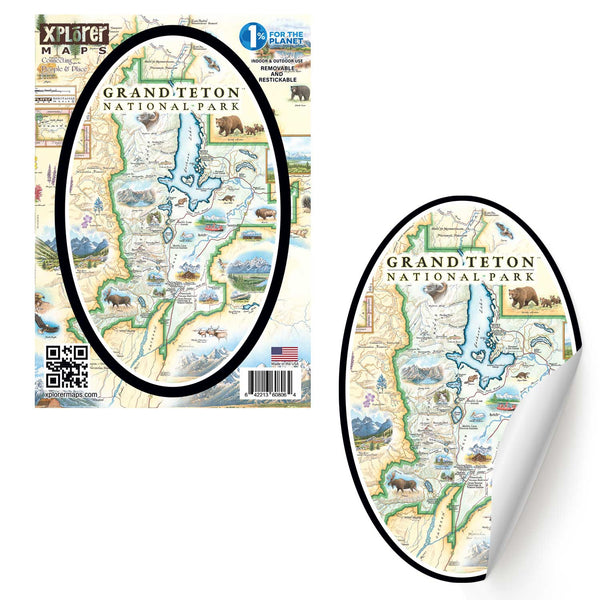 Grand Teton National Park Map Sticker by Xplorer Maps. Map illustrations include flora and fauna of the area, such as grizzly bears, moose, coyote, lupine, and longleaf phlox. Illustrations of places include Snake River Overlook, Jenny Lake, and Colter Bay Village.