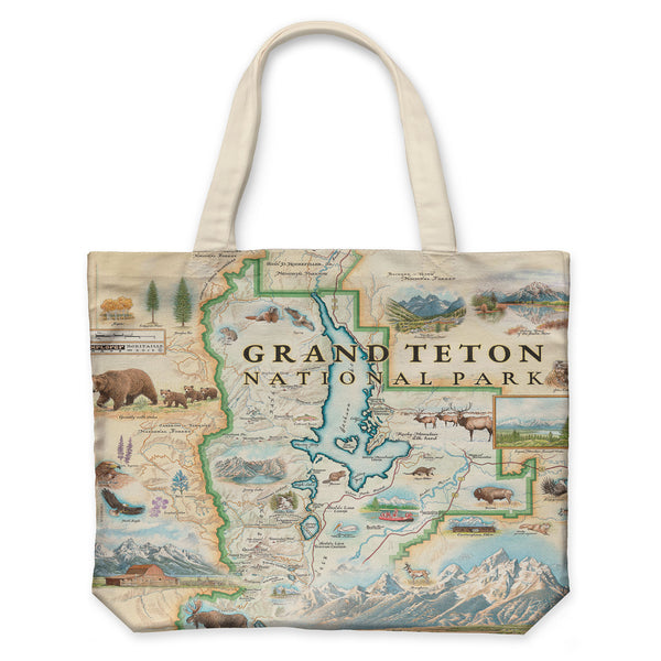 Grand Teton National Park Map Canvas Tote Bags by Xplorer Maps. Map illustrations include flora and fauna of the area, such as grizzly bears, moose, coyote, lupine, and longleaf phlox. Illustrations of places include snake river overlook, Jenny Kake, and Colter Bay Village.