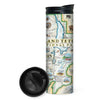 Grand Teton National Park Map travel drinkware by Xplorer Maps. Map illustrations include flora and fauna of the area, such as grizzly bears, moose, coyote, lupine, and longleaf phlox. Illustrations of places include snake river overlook, jenny lake, and Colter Bay Village.