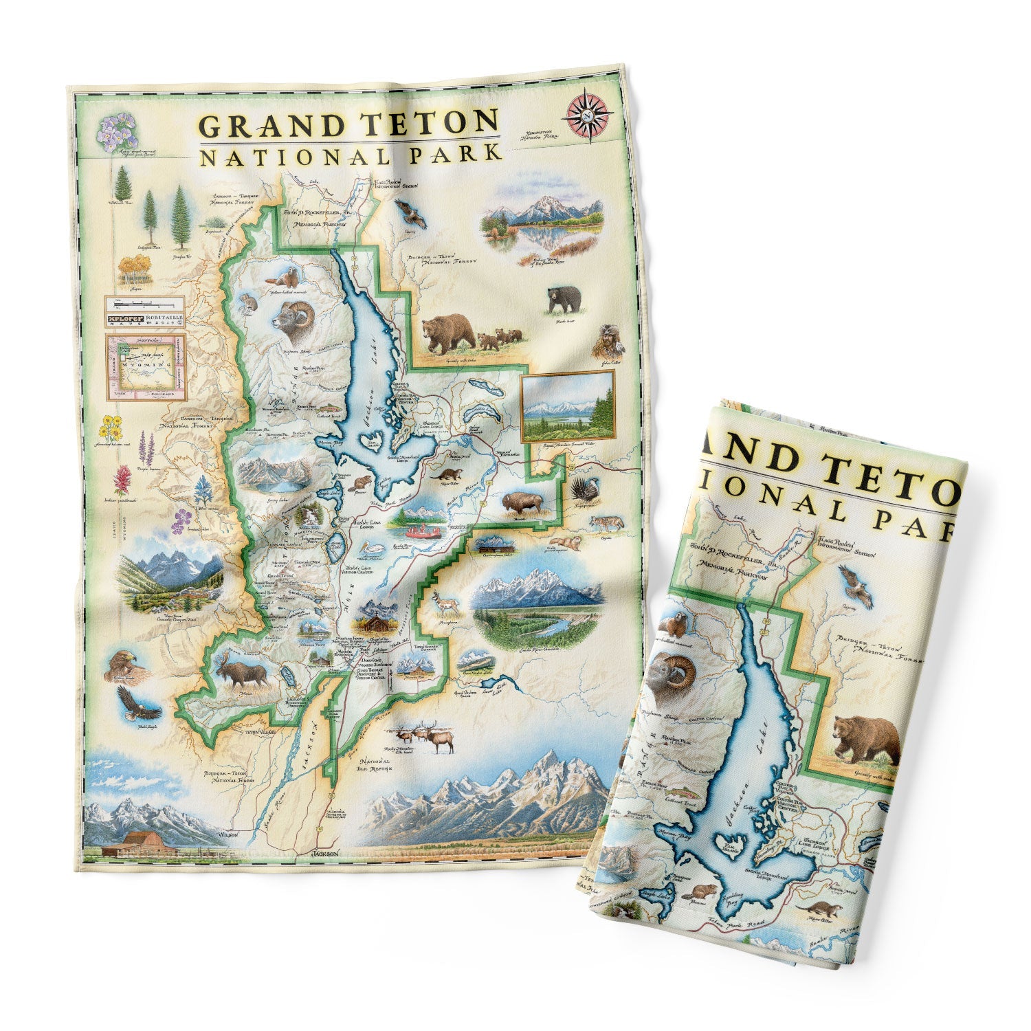 Grand Teton National Park Map Kitchen Dishwashing Towel in the colors of blues, greens, and beiges. This Map features birds, eagles, Osprey, Bears, forest, water, deer, mountain lion, fish, and flowers.
