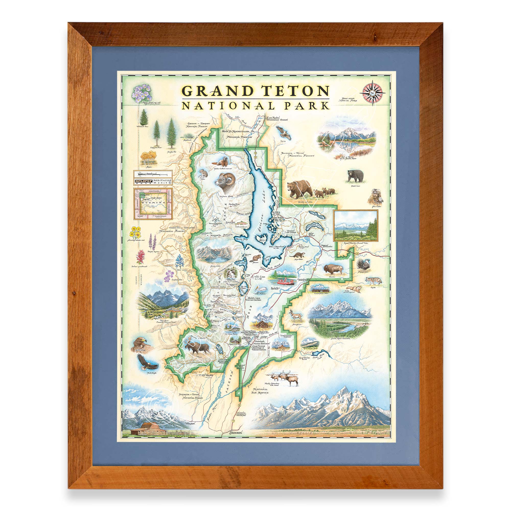 Grand Teton National Park framed hand-drawn map. The print is framed in  Montana's Flathead Lake Larch with a blue mat. 