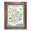 Grand Teton National Park hand-drawn map in earth tones blues and greens. The map print is framed in Montana hand-scraped pine with a blue mat.