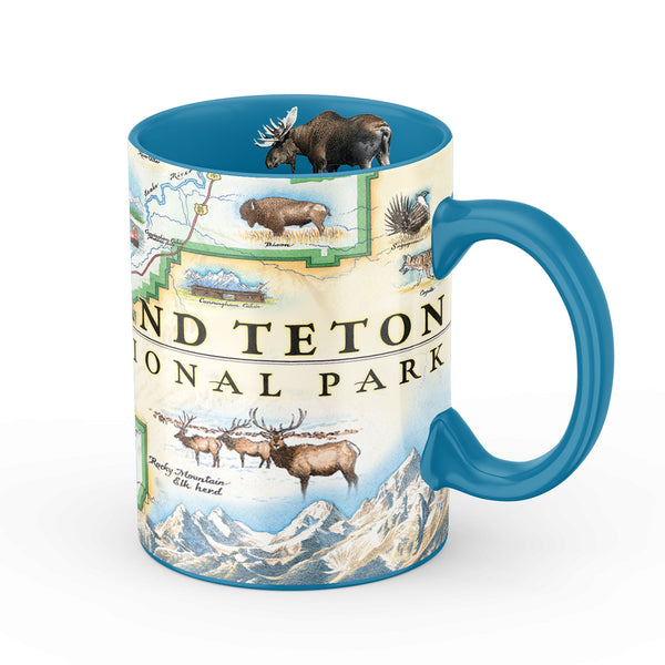 Wyoming's Grand Teton National Park Coffee Mug. Featuing Elk, bison, moose, and more! Blue - 16 oz