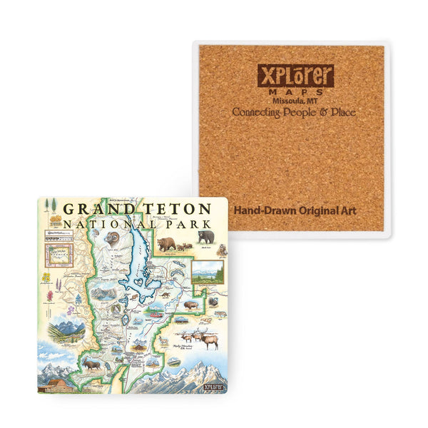  4" x 4"  Grand Teton National Park Map Ceramic Coasters by Xplorer Maps. Map illustrations include flora and fauna of the area, such as grizzly bears, moose, coyote, lupine, and longleaf phlox. Illustrations of places include snake river overlook, jenny lake, and Colter Bay Village.