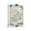 Grand Teton National Park map 1000-piece jigsaw puzzle. The map includes flora and fauna of the area, such as grizzly bears, moose, coyote, lupine, and longleaf phlox. Illustrations of places include snake river overlook, jenny lake, and Colter Bay Village.