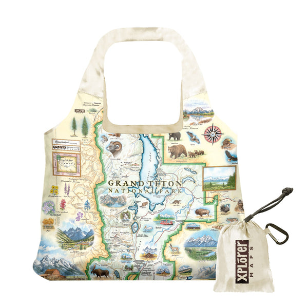 Grand Teton National Park Map Pouch Tote Bags by Xplorer Maps. Map illustrations include flora and fauna of the area, such as grizzly bears, moose, coyote, lupine, and longleaf phlox. Illustrations of places include snake river overlook, jenny lake, and Colter Bay Village.