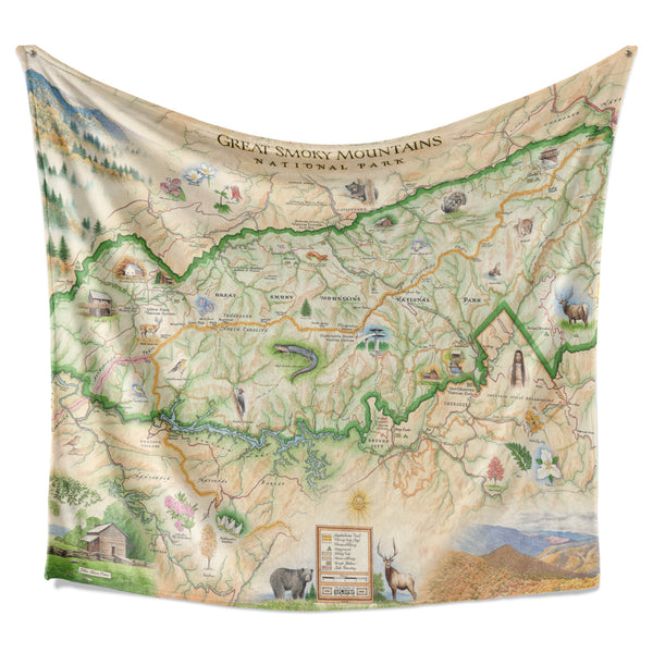 Blanket with map of Great Smokies National Park. Stunning map with full color and all the details.