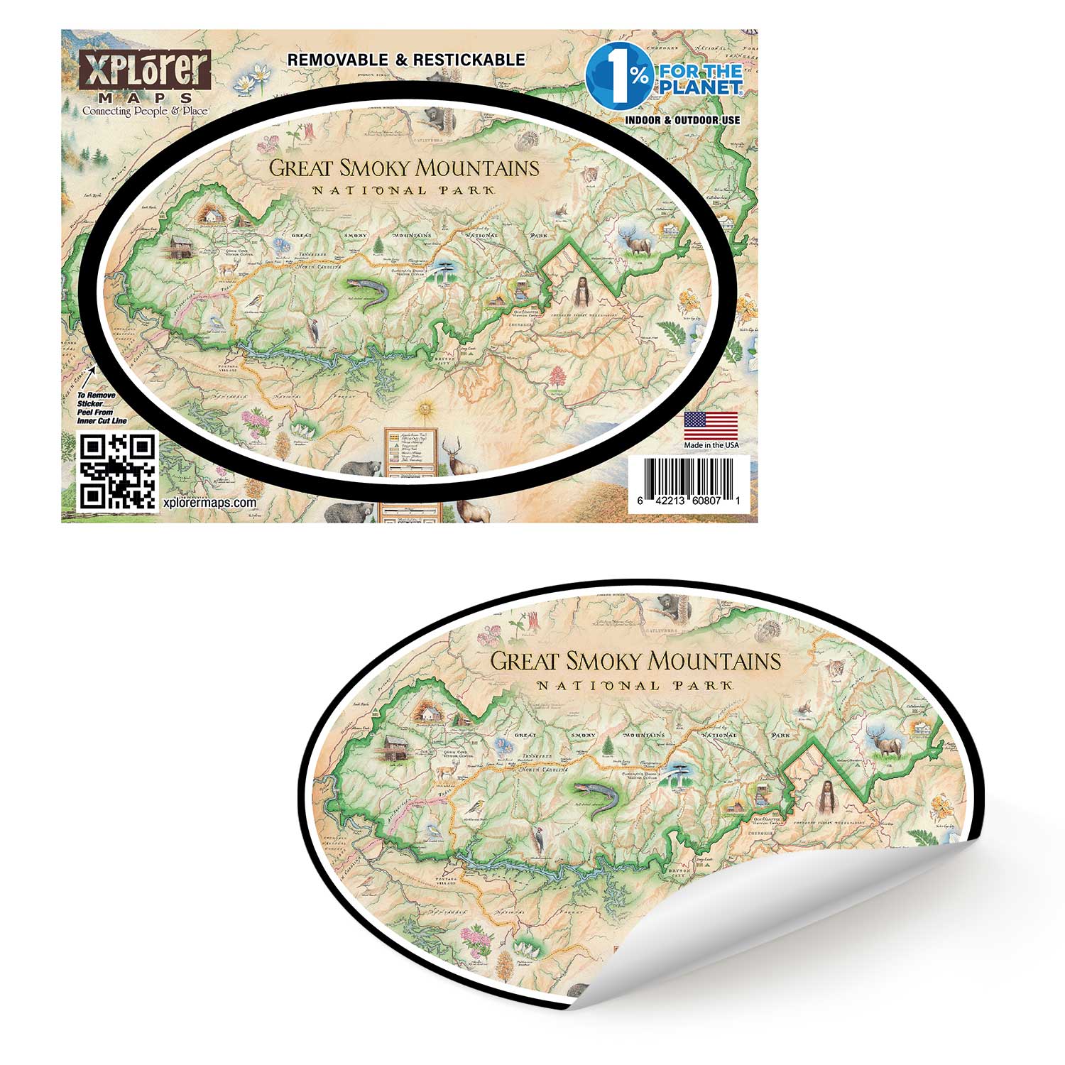 Great Smoky Mountain National Park Map Sticker by Xplorer Maps. The map depicts the entire National Park on the border of North Carolina and Tennessee. It features illustrations of a salamander, woodpecker, Clingman's Dome, Sugarland's Visitor Center, and Oconoluftee Visitor Center. 