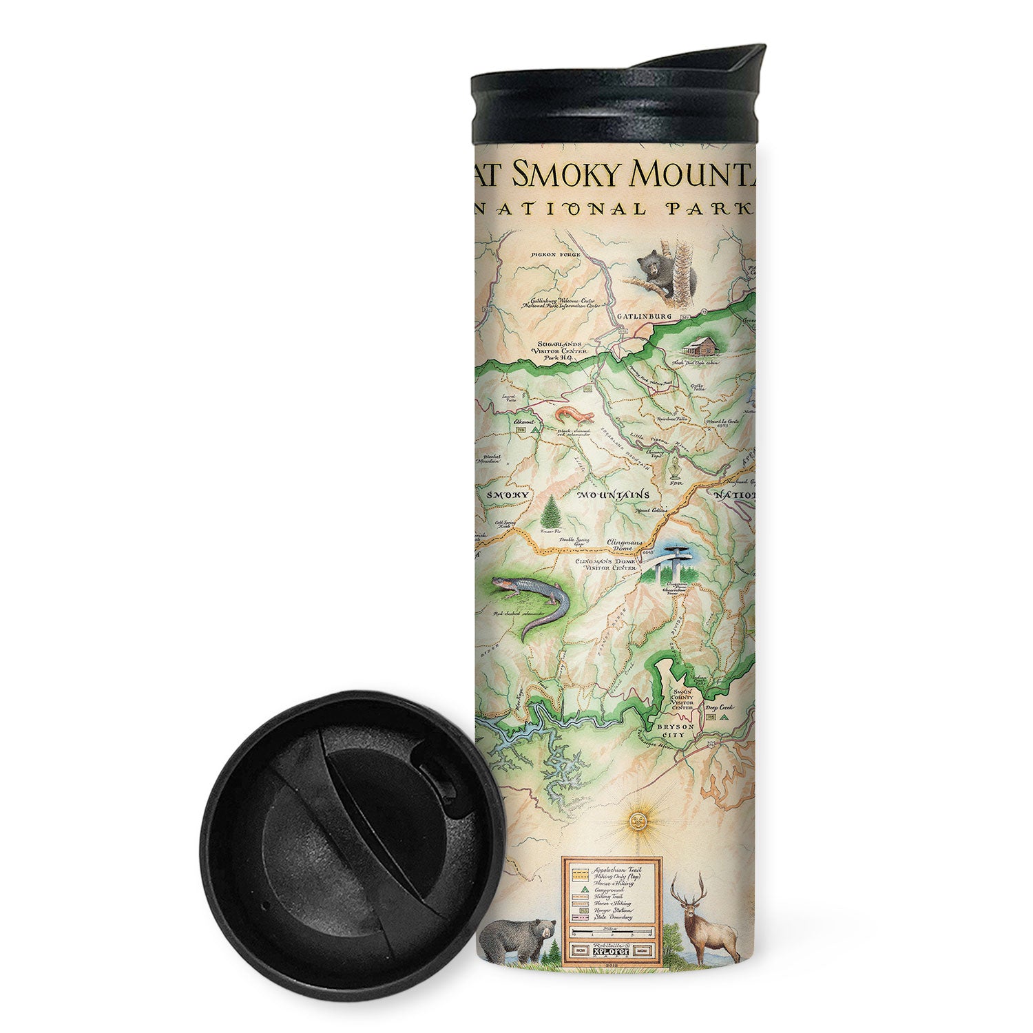 Great Smoky Mountains National Park Map travel drinkware by Xplorer Maps. The map depicts the entire National Park on the border of North Carolina and Tennessee. It features illustrations of a salamander, woodpecker, Clingman's Dome, Sugarland's Visitor Center, and Oconoluftee Visitor Center. 