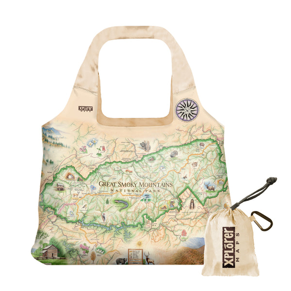 Great Smoky Mountains National Park  Map Canvas Tote Bags by Xplorer Maps. The map depicts the entire National Park on the border of North Carolina and Tennessee. It features illustrations of a salamander, woodpecker, Clingman's Dome, Sugarland's Visitor Center, and Oconoluftee Visitor Center. 