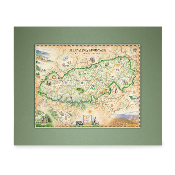 Great Smoky Mountains National Park Map by Xplorer Maps in earth tones colors beige and green. The map depicts the entire National Park on the border of North Carolina and Tennessee. It features illustrations of a salamander, woodpecker, Clingman's Dome, Sugarland's Visitor Center, and Oconoluftee Visitor Center. 
