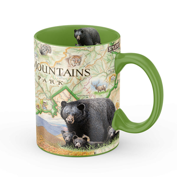 Green Great Smoky Mountains National Park 16 oz Ceramic Coffee Mug. Featuring black bear, elk, mountain lion, and turkey.