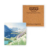 4"x4" ceramic coaster of Grinnell Lake at Glacier National Park, Montana by Xplorer Maps. The hand-drawn landscape image is green and blue with mountains in the background and bear grass in the forefront. 