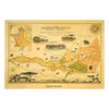 Africa's Grumeti Reserves Hand-Drawn Map in gold and yellow colors. The map depicts Grumeti Game Reserve, Tanzania, Sasakwa Lodge, Faru Faru Lodge, and Serengeti. The map also features rhinoceros, elephant, monkey and birds. 