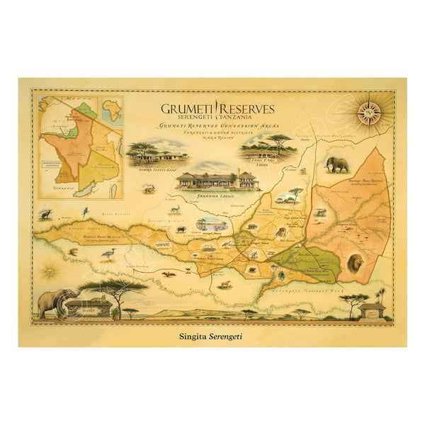 Africa's Grumeti Reserves Hand-Drawn Map in gold and yellow colors. The map depicts Grumeti Game Reserve, Tanzania, Sasakwa Lodge, Faru Faru Lodge, and Serengeti. The map also features rhinoceros, elephant, monkey and birds. 
