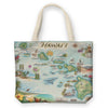Hawai'i Islands Map Canvas Tote Bags by Xplorer Maps. Features the islands of Hawai'i, Maui, Kaho'olawe, Lanai, Molokai, Oahu, Kauai, and Ni'ihau. Flora and fauna of islands include the Scarlet Honeycreeper, Lokelani Rose, and green sea turtles. Other illustrations include a statue of King Kamehameha, the Pearl Harbor National Memorial, and Mauna Loa erupting.
