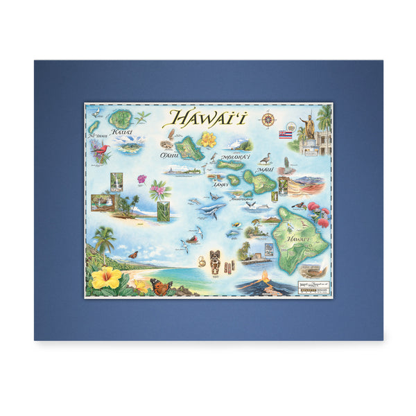 Hawai'i State Mini-Map by Xplorer Maps in earth tones blue and green. The map features the islands of Hawaii, Maui, Kaho'olawe, Lanai, Molokai, Oahu, Kauai, and Ni'ihau. Flora and fauna of islands include the Scarlet Honeycreeper, Lokelani Rose, and green sea turtles. Other illustrations include a statue of King Kamehameha, the Pearl Harbor National Memorial, and Mauna Loa erupting. 