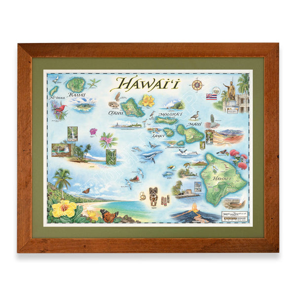 Hawaii State Hand-Drawn Map. The print is framed in  Montana's Flathead Lake Larch with a green mat. 