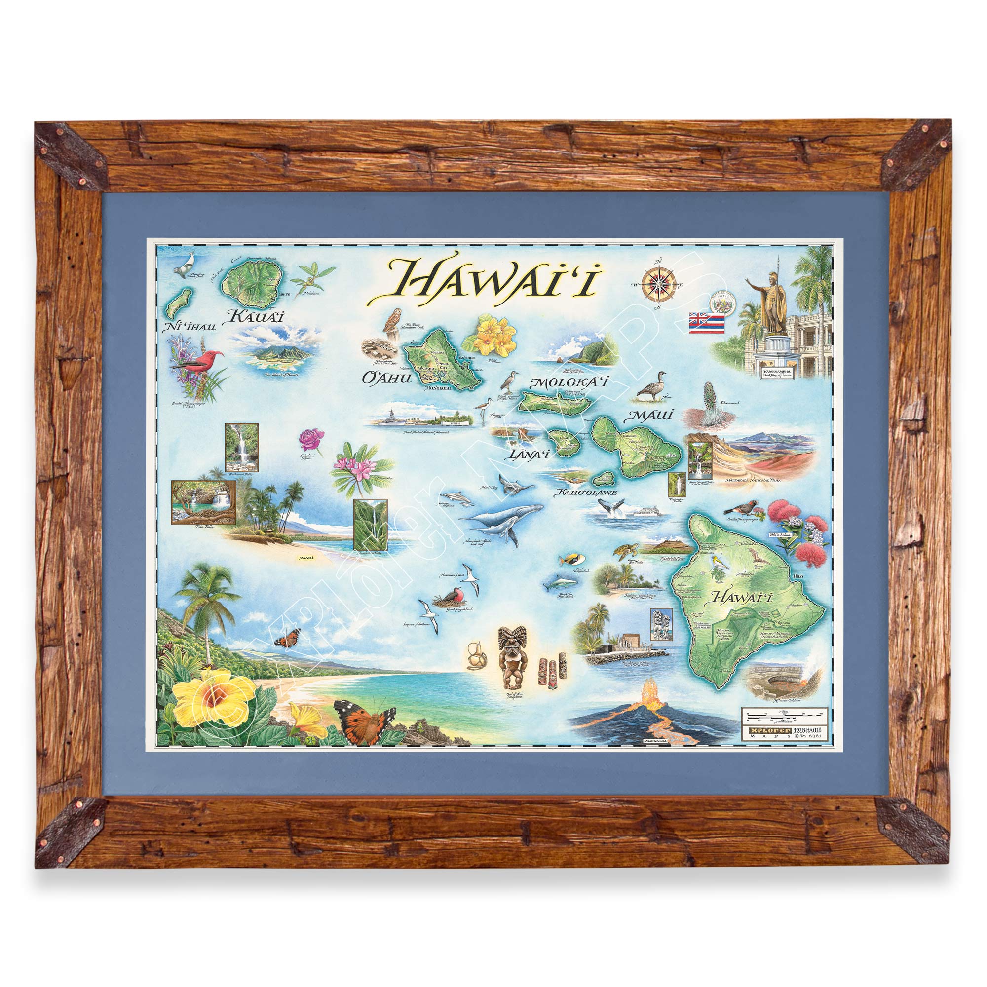 Hawaii State Hand-Drawn Map in earth tones blues and greens. The map print is framed in Montana hand-scraped pine with a blue mat.