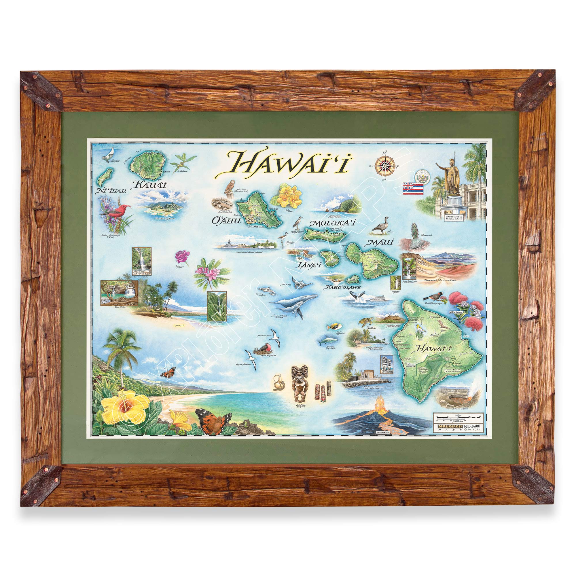Hawaii State Hand-Drawn Map in earth tones blues and greens. The map print is framed in Montana hand-scraped pine with a green mat.