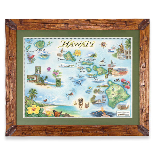 Hawaii State Hand-Drawn Map in earth tones blues and greens. The map print is framed in Montana hand-scraped pine with a green mat.