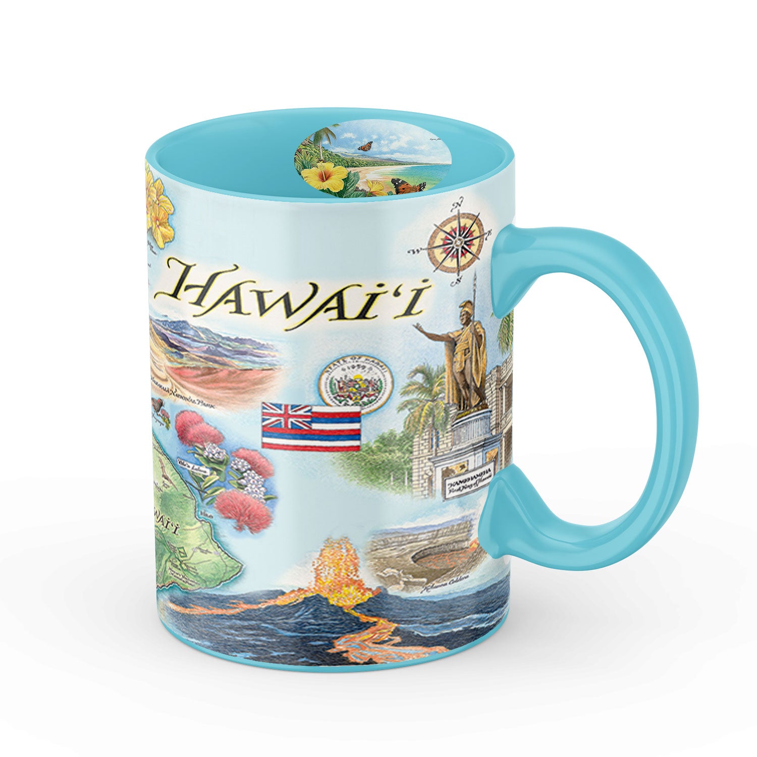 Blue 16 oz Hawaii Islands Map ceramic coffee mug. Cup is featuring volcanoes, flowers, ocean, mountains, butterflies,  and State Flag. 