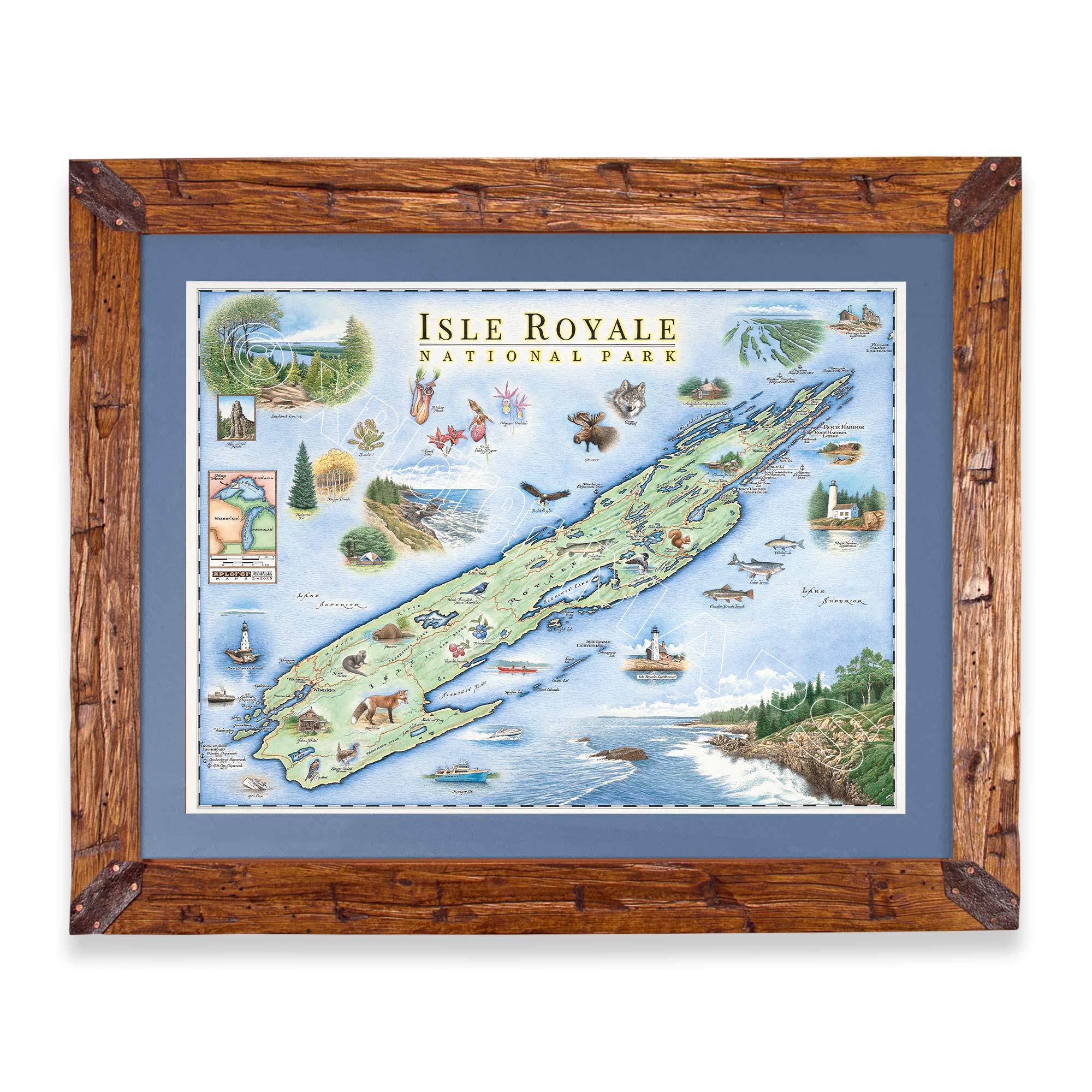 Isle Royale National Park Hand-Drawn Map in earth tones blues and greens. The map print is framed in Montana hand-scraped pine with a blue mat.