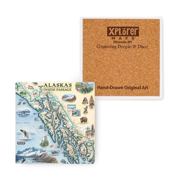  4" x 4" Alaska's Inside Passage Map Ceramic Coasters by Xplorer Maps. The map features totem poles of native peoples, bears, whales, fish, mountain goats & sheep. Flora is an illustration of forget-me-nots. Including the towns of Sitka, Juneau, Ketchikan, and others.