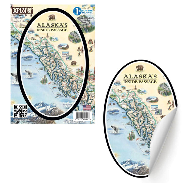 Alaska's Inside Passage map sticker in earth-tone colors. The map features bears, whales, mountain goats & sheep. Including the towns of Sitka, Juneau, Ketchikan, and others.