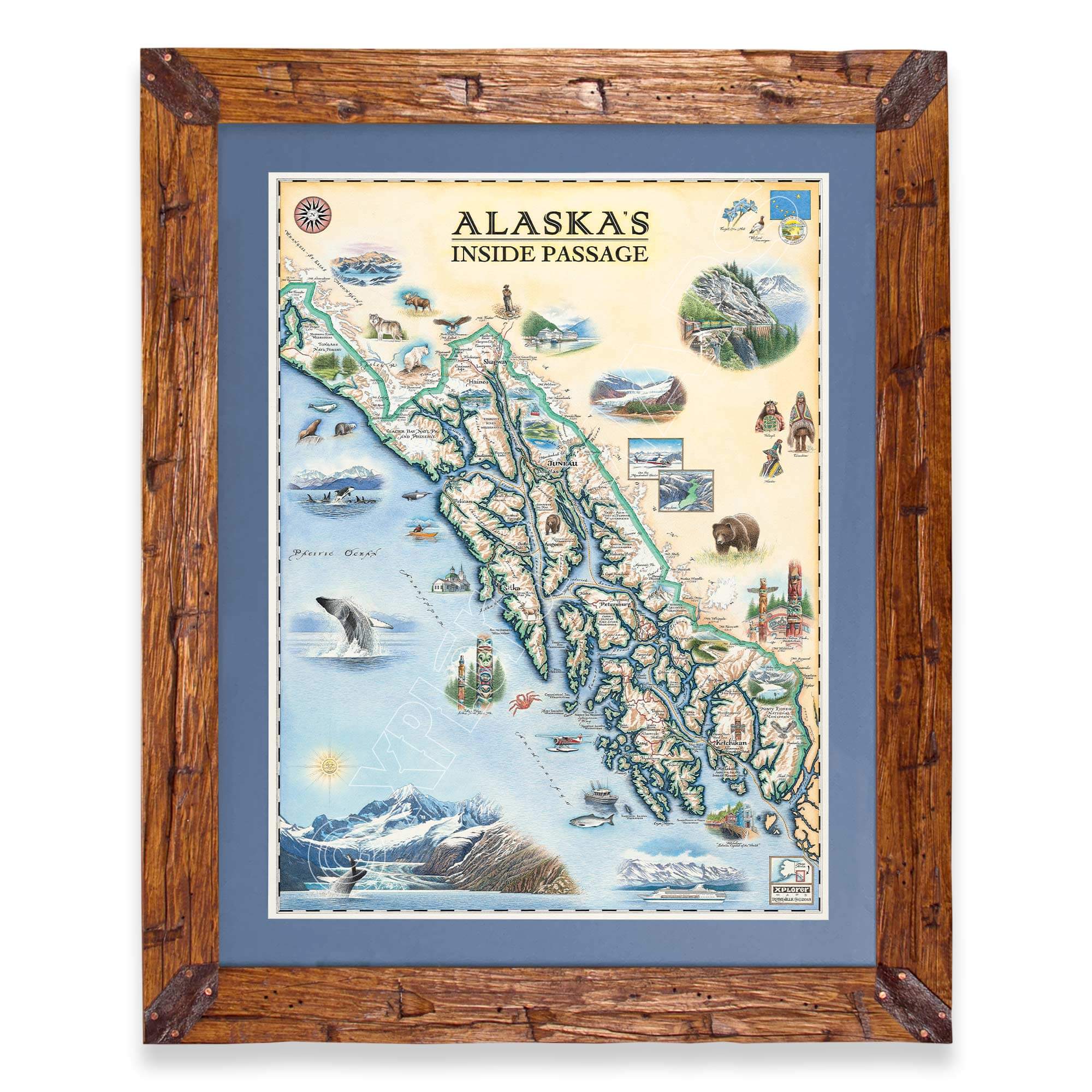 Alaska's Inside Passage hand-drawn map in a Montana hand-scraped pine wood frame with blue mat.