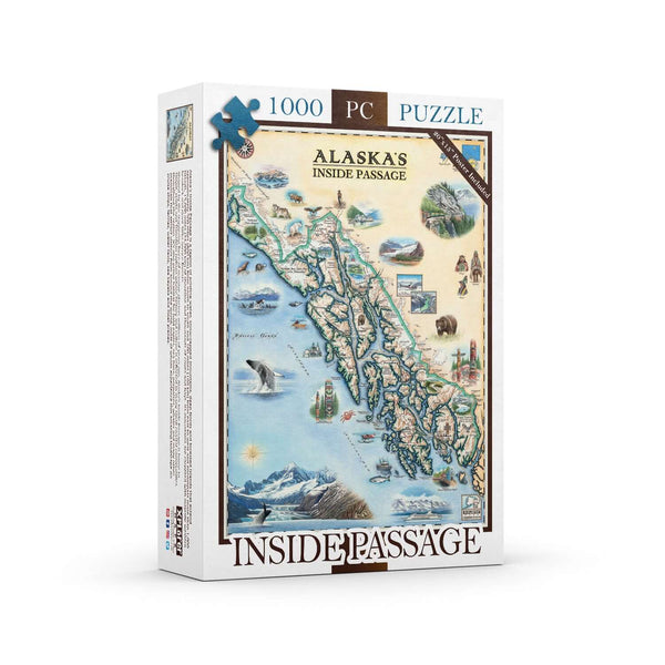  Puzzle featuring a map of Alaska's southeast Inside Passage. Map features the Pacific Ocean, bears, whale, mountain goat & sheep. Including the towns of Sitka, Juneau, Ketchikan, and others.