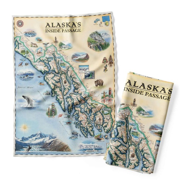 Alaska's Inside Passage Kitchen Dishwashing Towel in earth tone colors. The map features bears, whales, mountain goats & sheep. Including the towns of Sitka, Juneau, Ketchikan, and others.