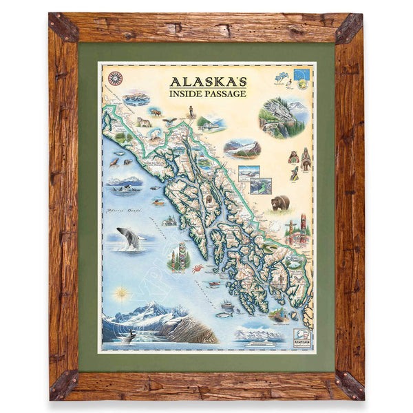Alaska's Inside Passage hand-drawn map in a Montana hand-scraped pine wood frame with green mat.