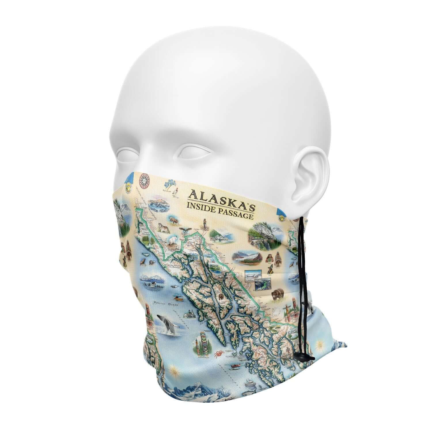 Alaska's Inside Passage Neck Gaiters in earth tone colors - featuring bears, whale, mountain goat & sheep.