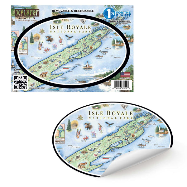 Isle Royale National Park map sticker features Bolt Castle and Singer Castle as well as flora a fauna such as blue herons, whitetail deer, and mink.