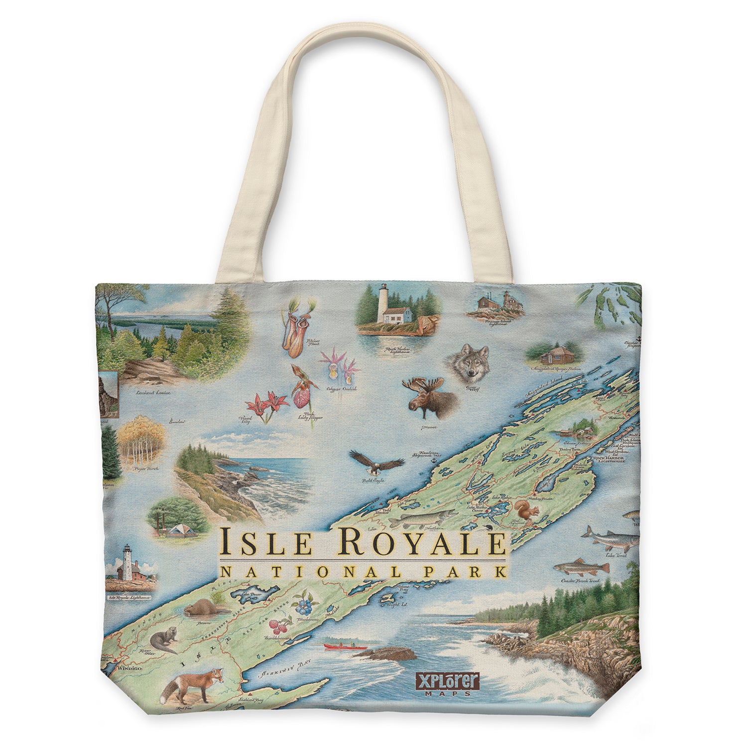 Isle Royale National Park Map Canvas Tote Bags by Xplorer Maps. The map features flora and fauna such wolf, moose, Pink Lady Slippers, and Thimbleberries. Other illustrations include Lookout Louise, Rock of Ages Lighthouse, and the Rocky Harbor Lodge. 