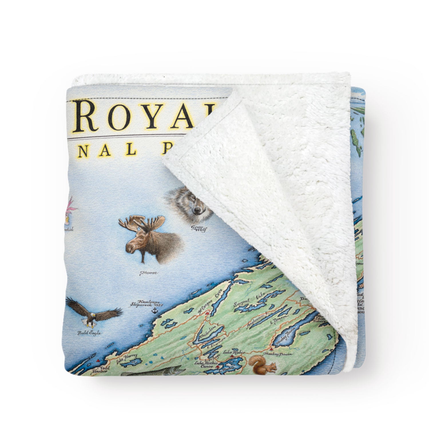 Folded blanket with a map of Isle Royale National Park in Michigan. Soft and cozy blanket. Measures 58